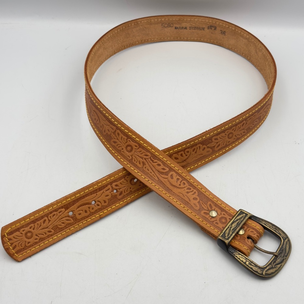 Natural Steerhide Belt Tan Floral Tooled Western Vintage Style 36 Equestrian